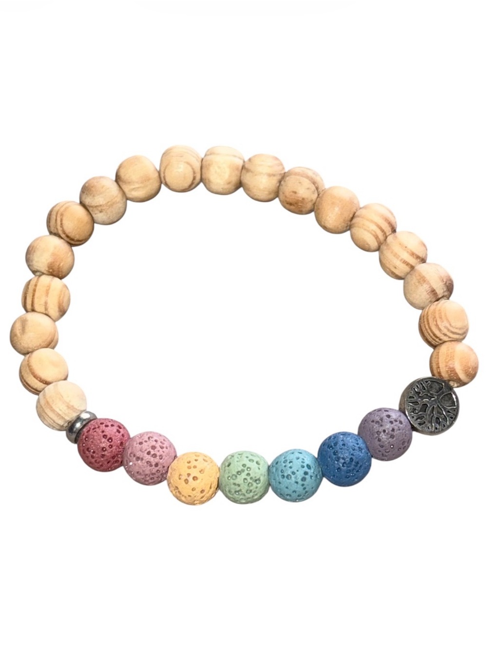 NWOT Chakra Tree of Life Wood Lava Pumice Bead Stretch Bracelet